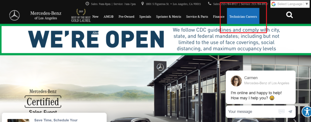 technician careers tab on mercedes benz's website