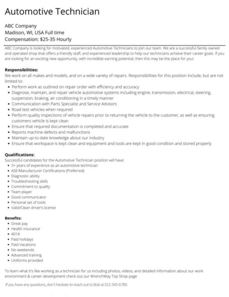 Automotive Technician Job Posting Sample