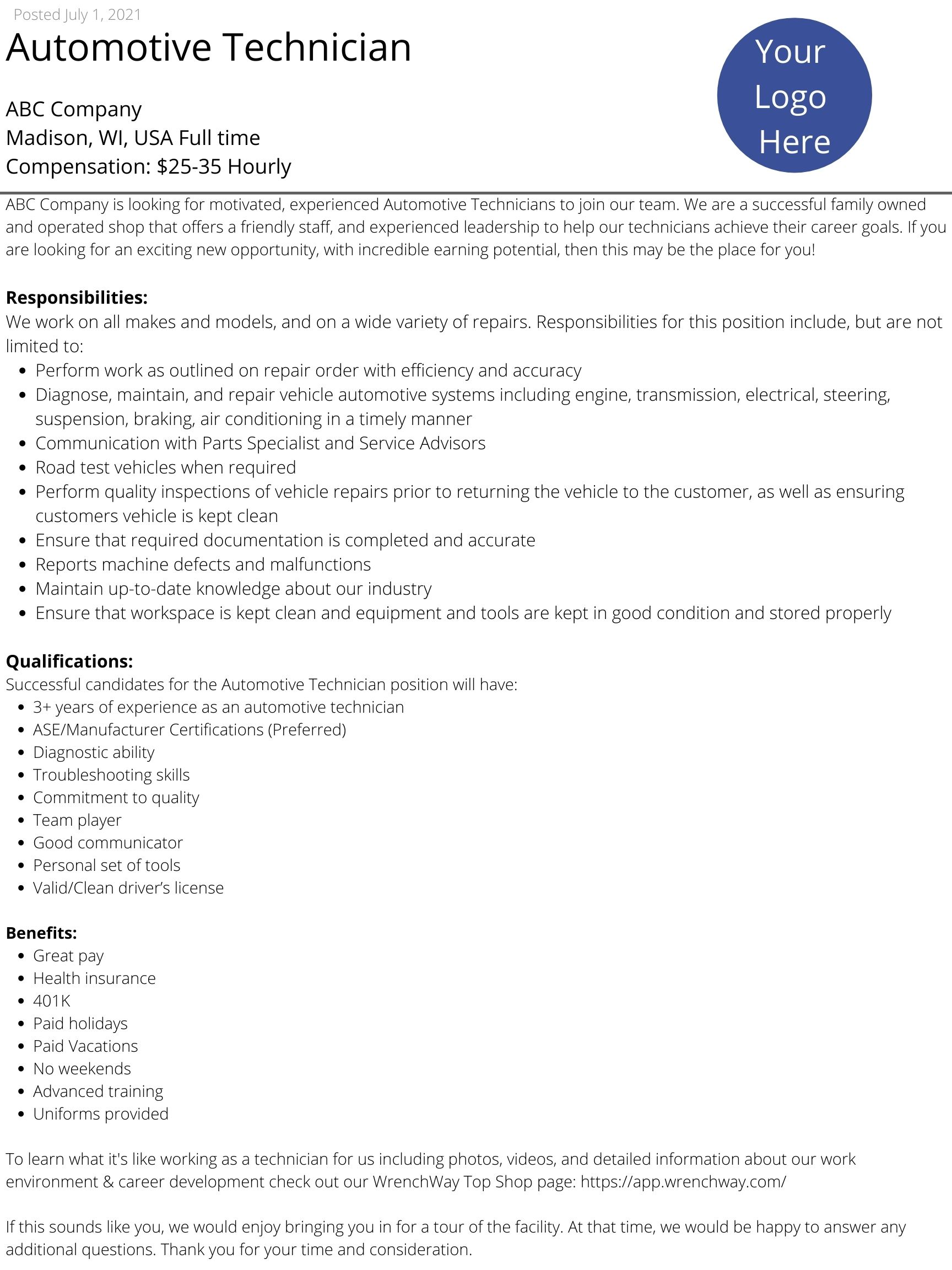 sample automotive technician job posting