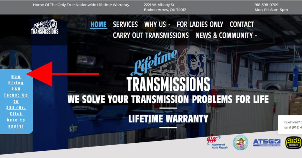 Lifetime Transmission's web homepage with a red arrow pointing to a link of their Top Shop page