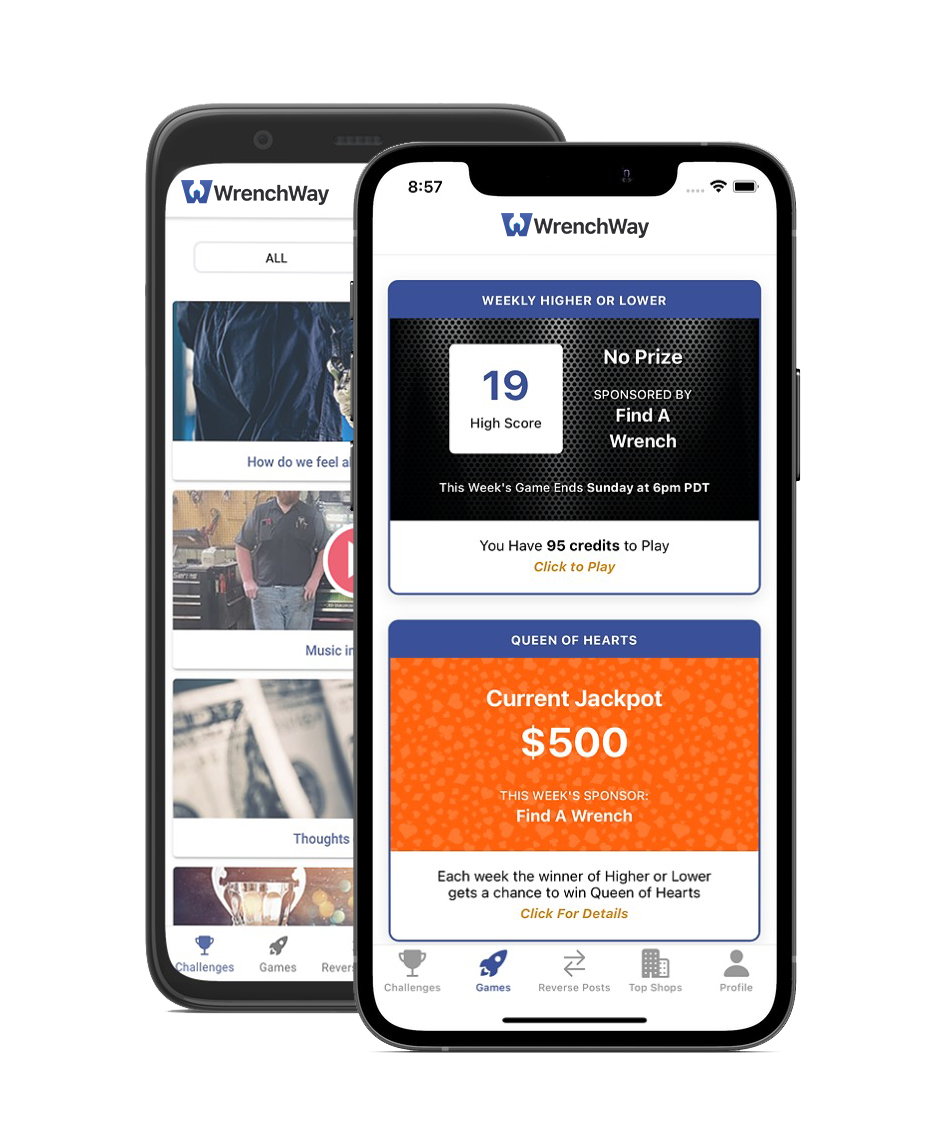 WrenchWay Insiders Screens on iPhone and Android Challenge and Game Screens on WrenchWay Mobile App