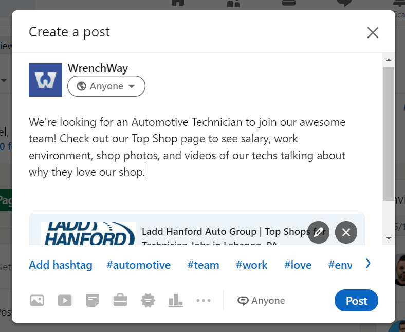 Automotive Technician Job Posting on LinkedIn