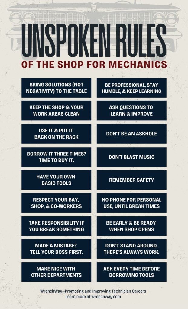 Poster giving unspoken rules of the shop for new mechanics