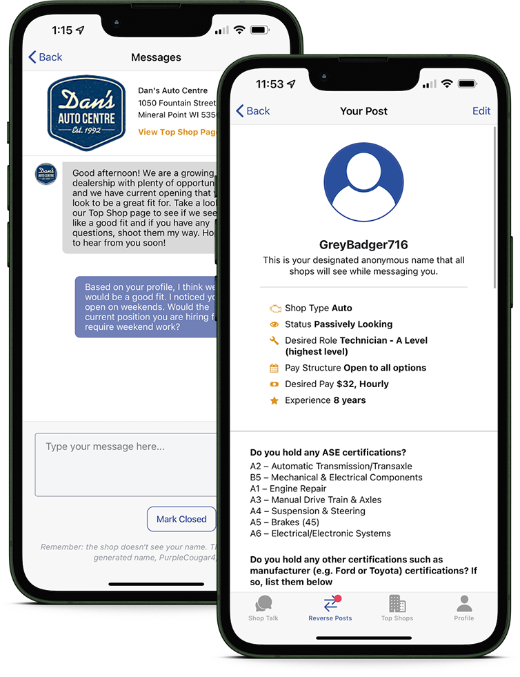 Two iPhone screens: one with an example of a Reverse Job Post and the other with example messaging within the WrenchWay Mobile App