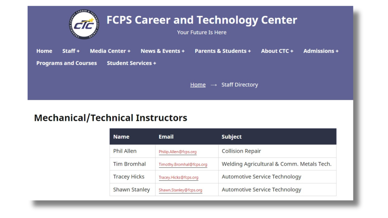 Staff directory page on FCPS's website